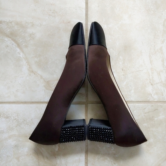Ernesto Esposito Bicolor Brown Black Cap Toe Satin Jeweled Block Heels 38 7.5 - Picture 5 of 7